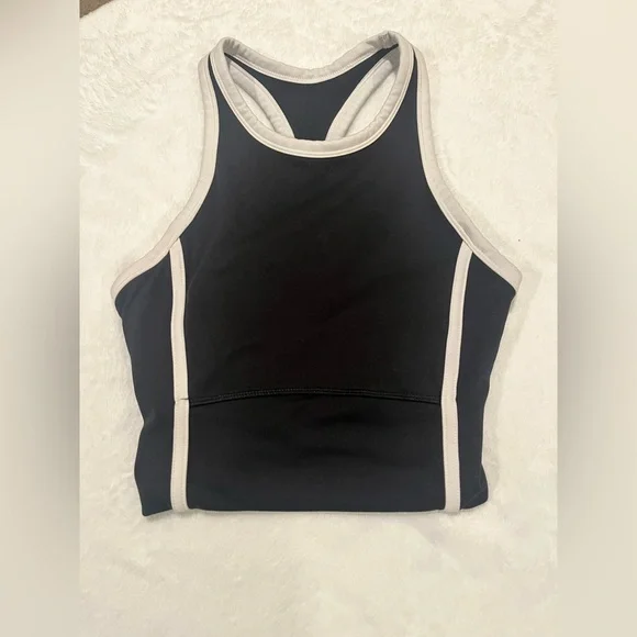Sporty Black & White High-Neck Cropped Tank Top with Built-in Shelf Bra - Picture 1 of 6